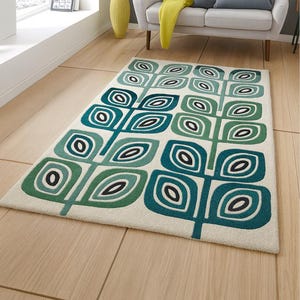 Green Blue Leaf Area Rug 8x10 Handmade Tufted Wool Rug Retro Modern Botanical Design Modern Living Room Carpet, Bedroom and Dining Room Rug