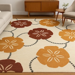 Hand-Tufted Floral Rug 8x10 Burnt Orange & Mustard Yellow on Cream Background Wool Area Rug for Living Room or Bedroom custom size rug