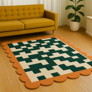 Handmade Tufted Wool Rug: Geometric Block Design with Orange Scalloped Border - 8x10