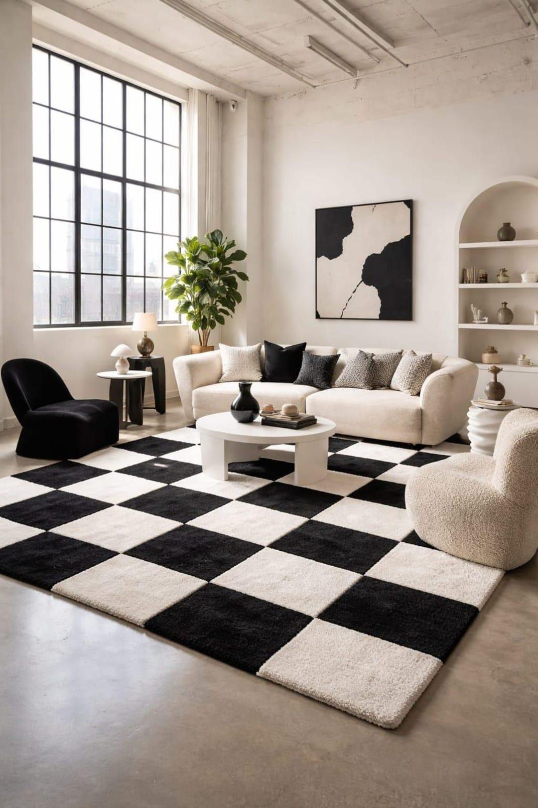 Tufted Check Rug Hand-tufted Checkered Wool Rug: Black White Geometric Area Carpet - Etsy