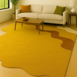 Hand-Tufted Wool Area Rug: Mustard Yellow Abstract Wavy Carpet 8x10