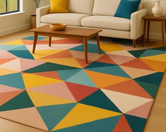 Tappeto in lana annodato a mano, Kilim geometrico colorato, stile moderno di metà secolo