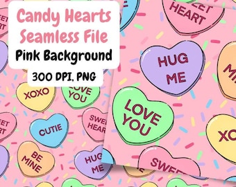 Candy Hearts Pink Seamless Pattern | Conversation Hearts Fabric Design | V-day PNG Digital Download