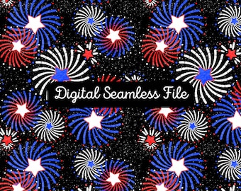 Patriotic Fireworks Seamless Pattern – Red White Blue (Digital File)