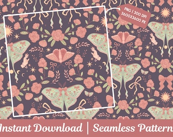 May include: Seamless pattern design featuring moths, flowers, bows, and hands on a dark purple background. The design includes elements in shades of pink, green, and cream. The text "Instant Download | Seamless Pattern" is at the bottom.