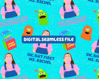 Ms. Rachel Seamless Pattern: Blue Kids Fabric, Wallpaper (Digital File)
