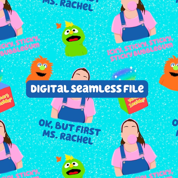 Ms. Rachel Mix, Blue - Seamless Pattern. Digital File for use on Fabric, Kids Clothing, Wallpaper, Stationery & Home Decor