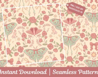 May include: Seamless pattern design featuring moths, flowers, bows, and hands on a cream background. The moths have green and pink wings, and the flowers are pink. The design includes the text "Instant Download | Seamless Pattern".