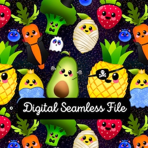 Seamless Pattern Halloween Dancing Fruit Digital File for use on Fabric, Kids Clothing, Wallpaper, Stationery & Home Decor