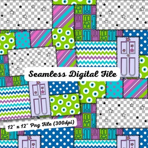 Modèle sans couture de Monster Doors en patchwork : tissu, papier peint (fichier numérique)