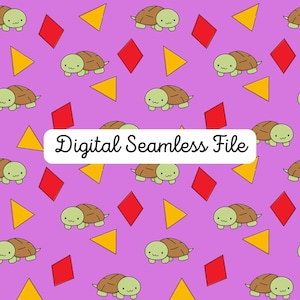 Puede incluir: Un archivo digital sin costuras con un patrón repetitivo de tortugas de dibujos animados, diamantes rojos y triángulos amarillos sobre un fondo morado. El texto "Digital Seamless File" se muestra en una pancarta blanca.