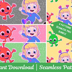 May include: A digital art bundle with four seamless patterns. The patterns feature cartoon characters, including a girl with blonde hair and a red creature. The text "4 Patterns Seamless PNG Bundle" is visible.
