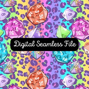 May include: A seamless pattern featuring colorful dice with numbers on a leopard print background. The dice are in various colors, including pink, blue, green, and orange. The background is a rainbow gradient with a leopard print pattern.
