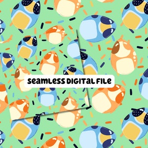 May include: A seamless digital pattern featuring cartoon-style eggs with blue, orange, and yellow colours on a light green background. The eggs have black and white details and are scattered with orange and black confetti.