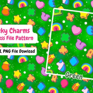 May include: A seamless pattern featuring a green background with various colorful Lucky Charms cereal pieces, including hearts, stars, horseshoes, clovers, and rainbows. The text "Lucky Charms Seamless File Pattern" and "300 DPI, PNG File Download" is displayed in a white box. The text "Green" is displayed in a white box.