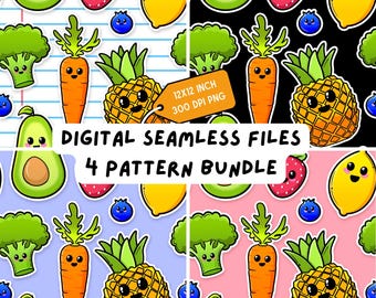 Dancing Fruit Sticker Style Hand Drawn Seamless Patterns: Kids Fabric, Wallpaper (Digital File Downloads)