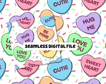 Candy Hearts White Seamless Pattern | Conversation Hearts Fabric Design | V-day PNG Digital Download