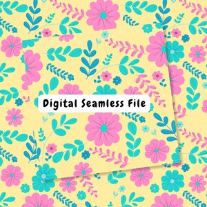 May include: A seamless digital paper pattern featuring pink and blue flowers, leaves, and small white dots on a yellow background. The text "Digital Seamless File" is in the center of the image.