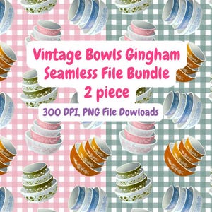 Puede incluir: Dos patrones de papel digital sin costuras con cuencos vintage en un patrón de cuadros. Un patrón tiene un fondo de cuadros rosa y blanco y el otro tiene un fondo de cuadros azul y blanco. El texto "Vintage Bowls Gingham Seamless File Bundle 2 piece 300 DPI, PNG File Downloads" está incluido en la imagen.