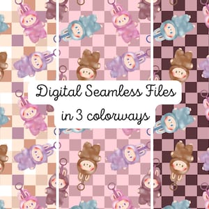 May include: Digital seamless files in three colorways. The image features a repeating pattern of cartoon characters in bunny costumes and baby rattles. The background is a checkered pattern in shades of pink, brown, and purple.