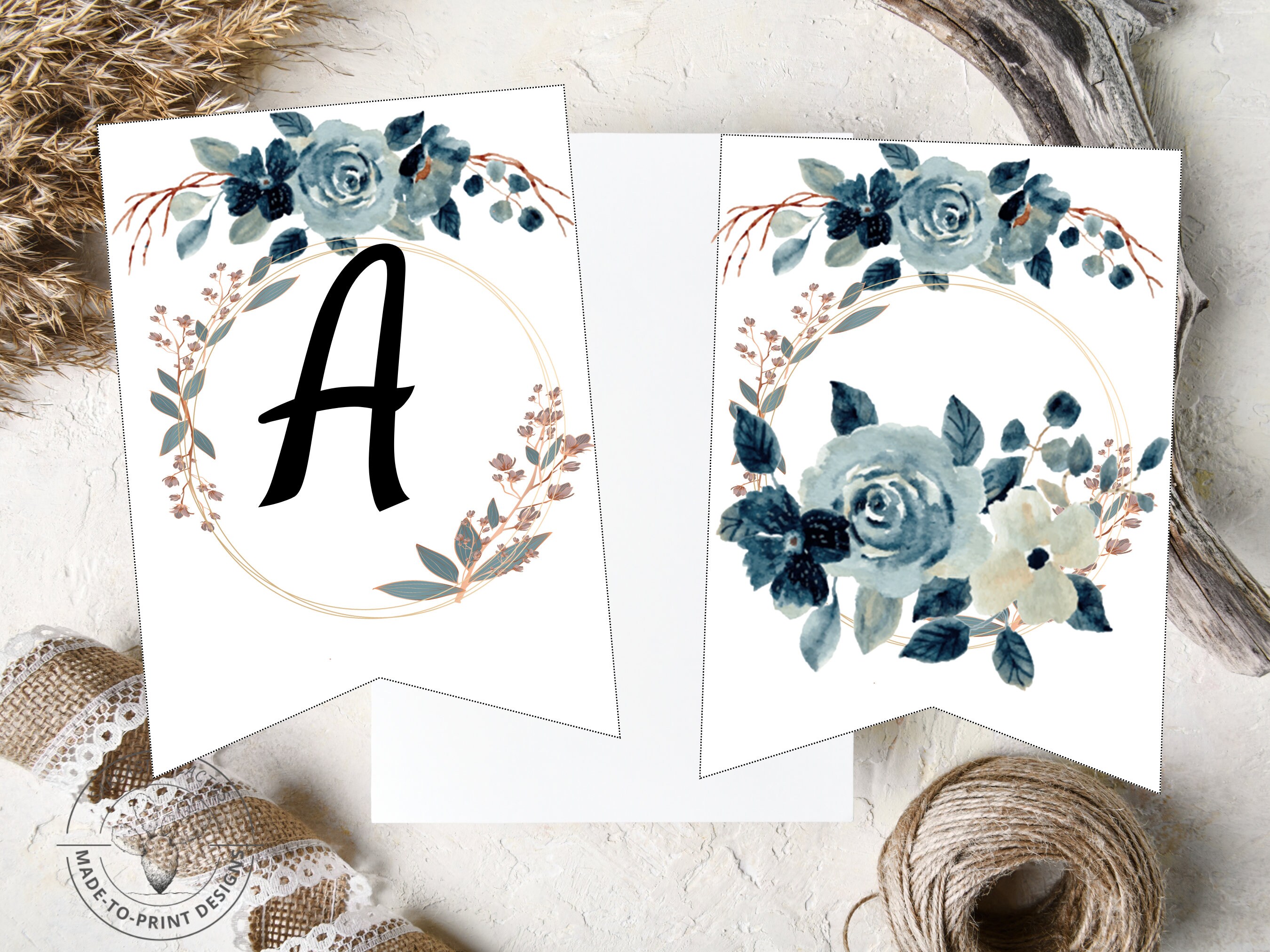 Blue Watercolor Floral Printable Flag Banner PDF for Party or Shower - Etsy