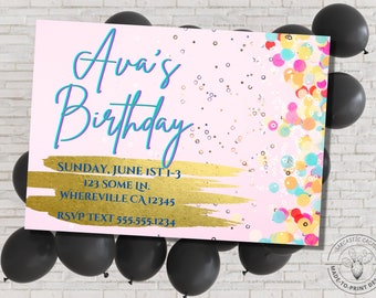 Birthday Party Invite - Kid's, girls, confetti 7x5