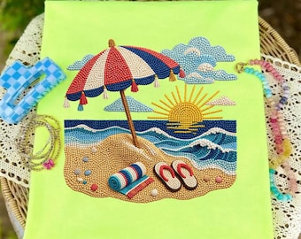 Camiseta con estampado de puesta de sol en la playa (PNG), camiseta gráfica de verano costera (PNG), linda camiseta de vacaciones en el océano, top tropical para mujer, solo estampado (sin hilo) (Digital D