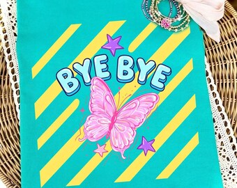 Adiós Mariposa Png, Profesora de Neón a Rayas Png, Último Día de Clases Png, Linda Camiseta de Estudiante con Mariposa, Png brillante, png preppy, png femenino, tr