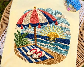 Camiseta con estampado de puesta de sol en la playa (PNG), camiseta gráfica veraniega costera (PNG), linda camiseta de vacaciones en el océano, top tropical para mujer, solo estampado (no hilo), sol en la playa.