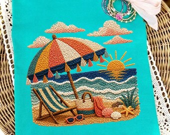 Camiseta con puesta de sol en la playa PNG, camiseta gráfica veraniega costera PNG, lindas vacaciones en el océano PNG, diseño de top tropical para mujer, solo estampado (no hilo), playa