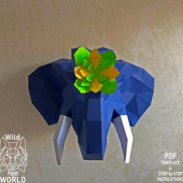 Elephant, Indian elephant, Make your own elephant head, DIY, Papercraft, Decor on the wall, Sculpture, Low Poly, 3D model, Household product