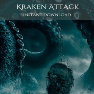Kraken Attack Wand Kunst zum ausdrucken, Dark Fantasy Ocean Szene, Piratenschiff Kunst, Mythisches Seemonster Print, Stimmungsvoll Nautisches Dekor