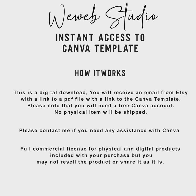 K&ouml;nnte beinhalten: Digitale Grafik mit dem Text "Weweb Studio" und "Sofortiger Zugriff auf die Canva-Vorlage". Der Text erkl&auml;rt den digitalen Download-Prozess, einschlie&szlig;lich eines Links zu einer Canva-Vorlage und eines Hinweises auf ein kostenloses Canva-Konto.