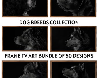 Dog Breeds Collection, Frame TV Art Bundle set of 50 Designs. Aesthetic Black and White Home decor. Digital download