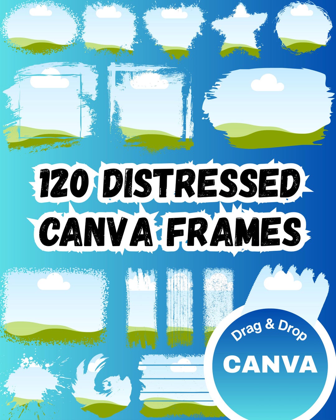 Canva Frames Distressed Shapes Bundle, 120 Bleached Edge Frames, Grunge ...
