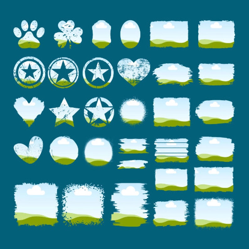 K&ouml;nnte beinhalten: Eine Sammlung verschiedener grafischer Elemente auf t&uuml;rkisblauem Hintergrund. Enth&auml;lt Pfotenabdr&uuml;cke, Kleebl&auml;tter, Sterne, Herzen und Landschaftsszenen mit Wolken. Die Designs haben eine Used-Optik in Wei&szlig; und Gr&uuml;n.