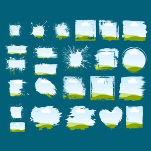 K&ouml;nnte beinhalten: Eine Sammlung von einundzwanzig abstrakten Landschaftsdesigns in verschiedenen Formen, darunter Quadrate, Rechtecke und ein Herz. Jedes Design zeigt einen blauen Himmel mit einer wei&szlig;en Wolke &uuml;ber gr&uuml;nen H&uuml;geln, umrahmt von wei&szlig;en Pinselstrichen auf einem tealfarbenen Hintergrund.