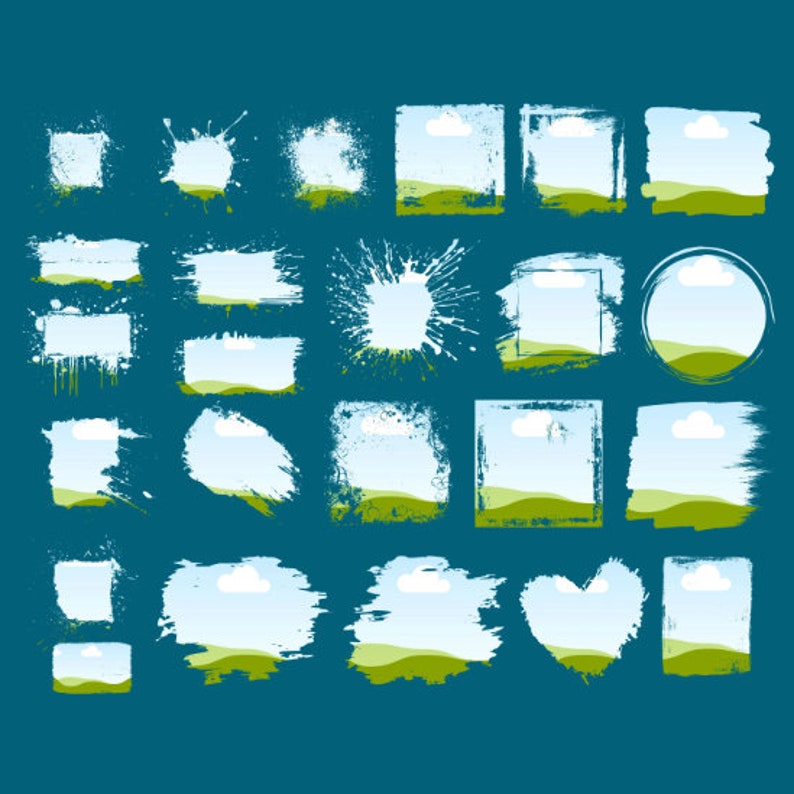 K&ouml;nnte beinhalten: Eine Sammlung von einundzwanzig abstrakten Landschaftsdesigns in verschiedenen Formen, darunter Quadrate, Rechtecke und ein Herz. Jedes Design zeigt einen blauen Himmel mit einer wei&szlig;en Wolke &uuml;ber gr&uuml;nen H&uuml;geln, umrahmt von wei&szlig;en Pinselstrichen auf einem tealfarbenen Hintergrund.