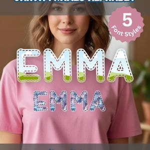 May include: A woman wearing a pink t-shirt with the name "EMMA" in two different styles. The top text reads "CANVA FRAMES ALPHABET" and the bottom text reads "CUSTOM NAMES IN CANVA". A pink circle with the text "5 Font Styles" is also visible.