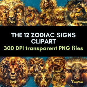 Pakiet clipartów 12 znaków zodiaku. Pliki PNG do druku, przezroczyste. Pobieranie cyfrowe Pełne prawa komercyjne dla produktów fizycznych