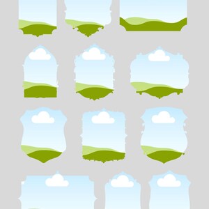 K&ouml;nnte beinhalten: Eine Sammlung von zw&ouml;lf dekorativen Rahmen in verschiedenen Formen. Jeder Rahmen zeigt eine Landschaft mit blauem Himmel, wei&szlig;er Wolke und gr&uuml;nen H&uuml;geln. Die Rahmen haben verzierte und schlichte Bord&uuml;ren.