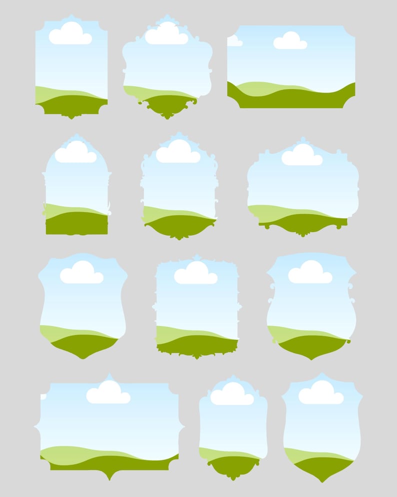 K&ouml;nnte beinhalten: Eine Sammlung von zw&ouml;lf dekorativen Rahmen in verschiedenen Formen. Jeder Rahmen zeigt eine Landschaft mit blauem Himmel, wei&szlig;er Wolke und gr&uuml;nen H&uuml;geln. Die Rahmen haben verzierte und schlichte Bord&uuml;ren.