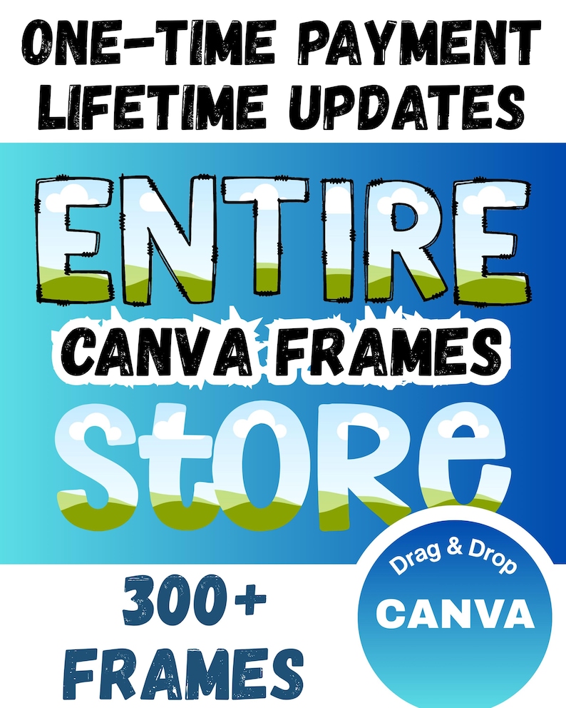 K&ouml;nnte beinhalten: Grafik mit Text, der "ONE-TIME PAYMENT LIFETIME UPDATES ENTIRE CANVA FRAMES STORE 300+ FRAMES" auf einem blau-wei&szlig;en Farbverlaufshintergrund liest. Ein blauer Kreis mit den Worten "Drag & Drop CANVA" befindet sich in der unteren rechten Ecke.