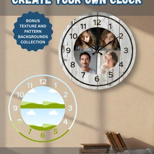May include: A round, white wooden clock with black numbers and hands. The clock face features four photo inserts. The text "CREATE YOUR OWN CLOCK" is at the top, with "100+ LAYOUTS INCLUDED" at the bottom. A bonus texture and pattern backgrounds collection is also included.