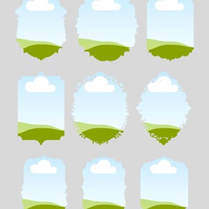 K&ouml;nnte beinhalten: Neun dekorative Rahmen mit Landschaftsdesign. Jeder Rahmen zeigt einen blauen Himmel mit einer wei&szlig;en Wolke, gr&uuml;nen H&uuml;geln und einem dekorativen Rand. Die Rahmen variieren in der Form, einschlie&szlig;lich ovaler, rechteckiger und verzierter Designs.