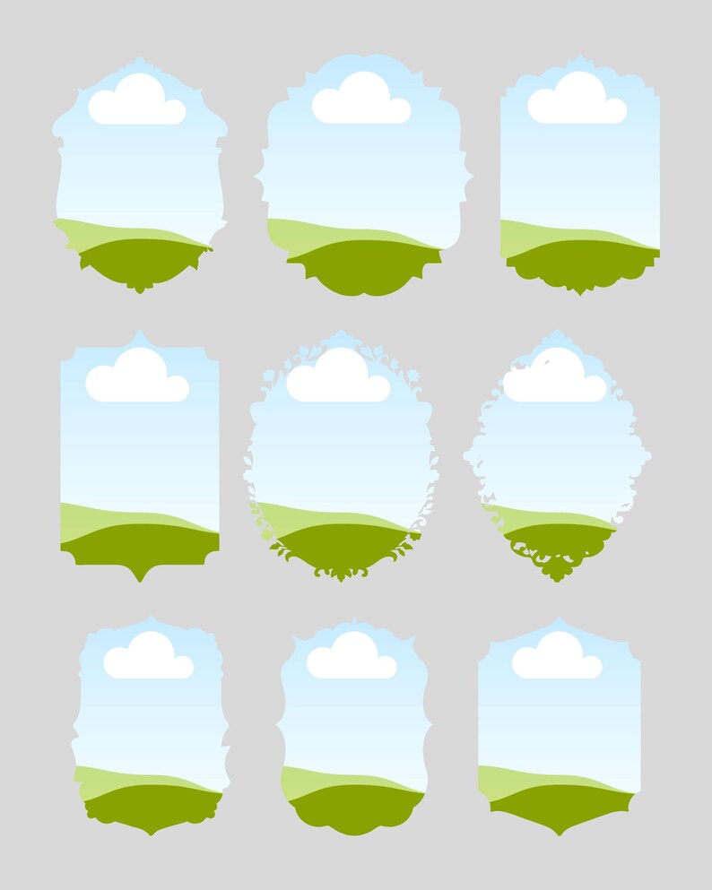 K&ouml;nnte beinhalten: Neun dekorative Rahmen mit Landschaftsdesign. Jeder Rahmen zeigt einen blauen Himmel mit einer wei&szlig;en Wolke, gr&uuml;nen H&uuml;geln und einem dekorativen Rand. Die Rahmen variieren in der Form, einschlie&szlig;lich ovaler, rechteckiger und verzierter Designs.