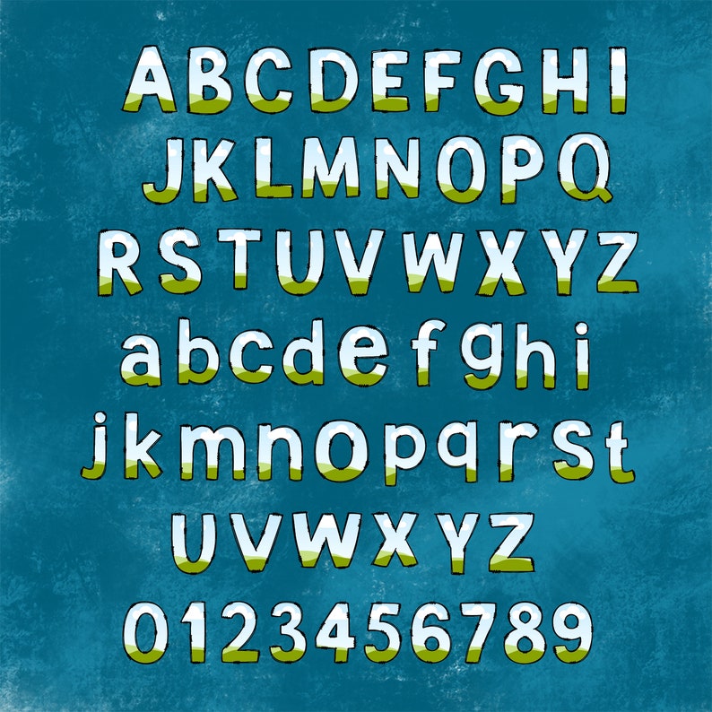 K&ouml;nnte beinhalten: Auf einem t&uuml;rkisblauen Hintergrund ist das Alphabet in Gro&szlig;- und Kleinbuchstaben sowie Zahlen dargestellt. Die Buchstaben und Zahlen sind wei&szlig; mit einem gr&uuml;n-gelben Farbverlauf, umrandet in Schwarz. Die Schriftart ist verspielt und handschriftlich.
