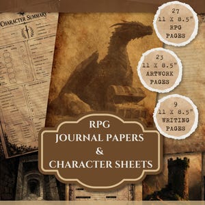 May include: A fantasy-themed journal with character sheets and RPG pages. The image features a dragon, a treasure chest, and a castle tower. Includes 27 RPG pages, 23 artwork pages, and 9 writing pages, all 11 x 8.5 inches.