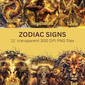 Stjärnteckenpaket för clipart, affischer och telefonbakgrunder - Utskrivbara PNG-filer (digital nedladdning)