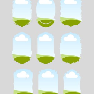 K&ouml;nnte beinhalten: Neun dekorative Rahmen mit Landschaftsdesign. Jeder Rahmen zeigt einen blauen Himmel mit einer wei&szlig;en Wolke, einen gr&uuml;nen H&uuml;gel und einen dekorativen Rand. Die Rahmen sind auf einem hellgrauen Hintergrund angeordnet.